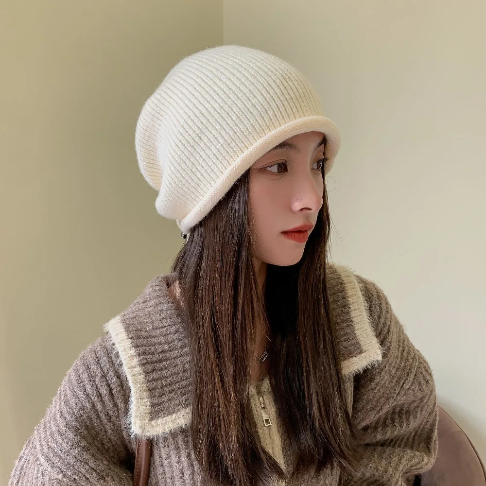 Hot Sale Knitted Pile Cap Solid Windproof Drawstring Stack Hat Ear Protection Knitted Beanies Women
