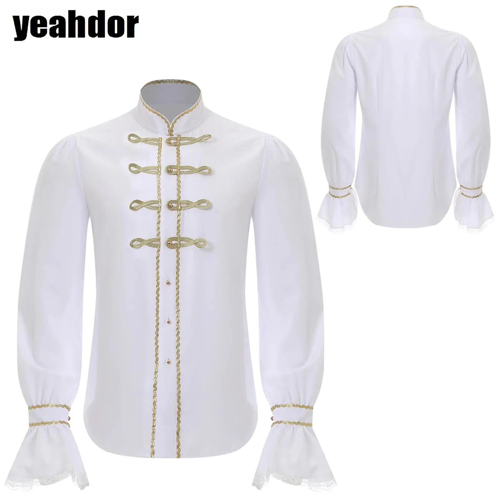 

Men Vintage Steampunk Shirt Medieval Gothic Victorian Ruffle Blouse Shirt Tops Stand Collar Long Sleeve Gold Trim Lace Shirts