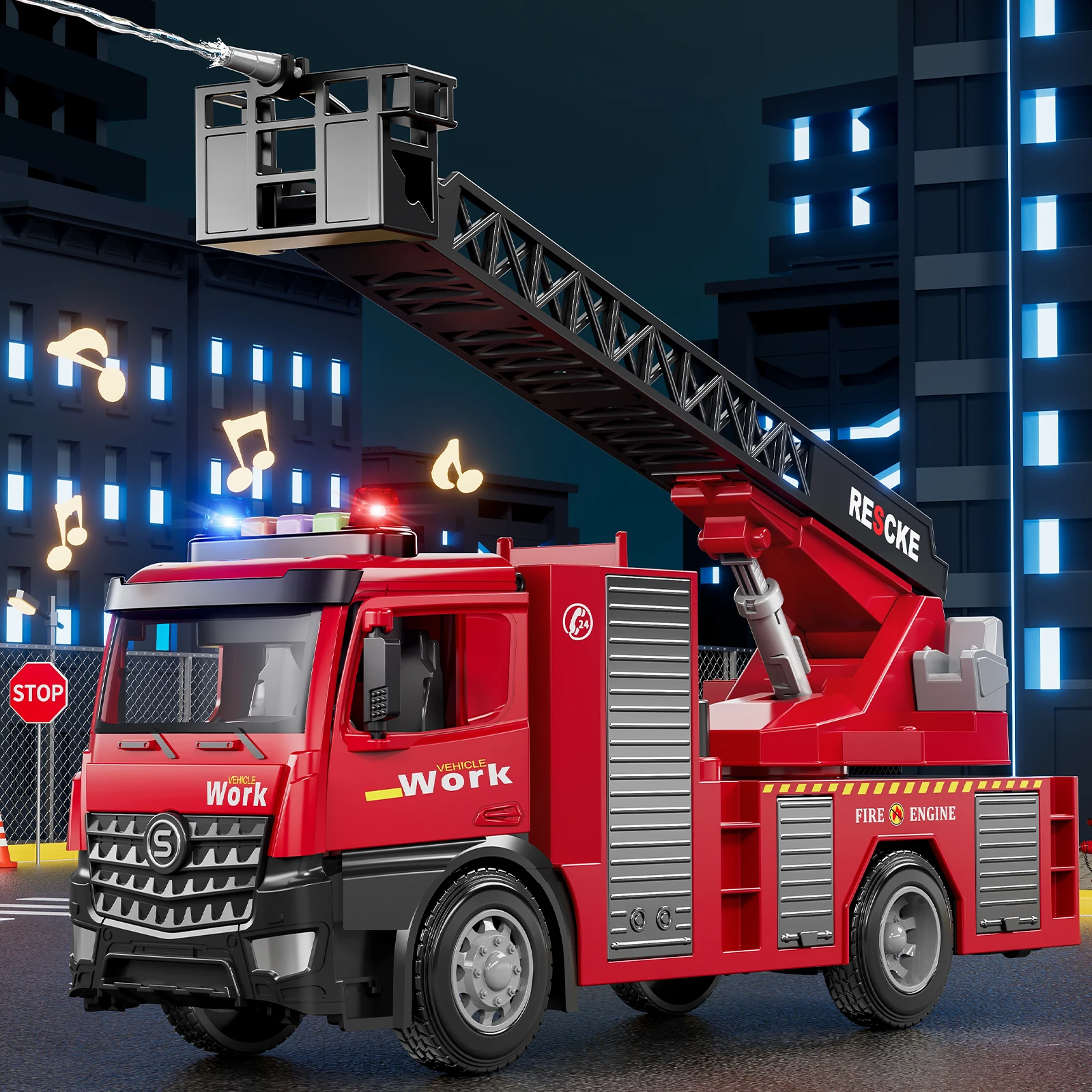 โลหะผสม Fire Truck ของเล่นเด็กบันได Fire สเปรย์น้ําสีแดงรถบรรทุก Light Sprinkler รถสําหรับของเล่นเด็กรถยนต์ของขวัญวันเกิด