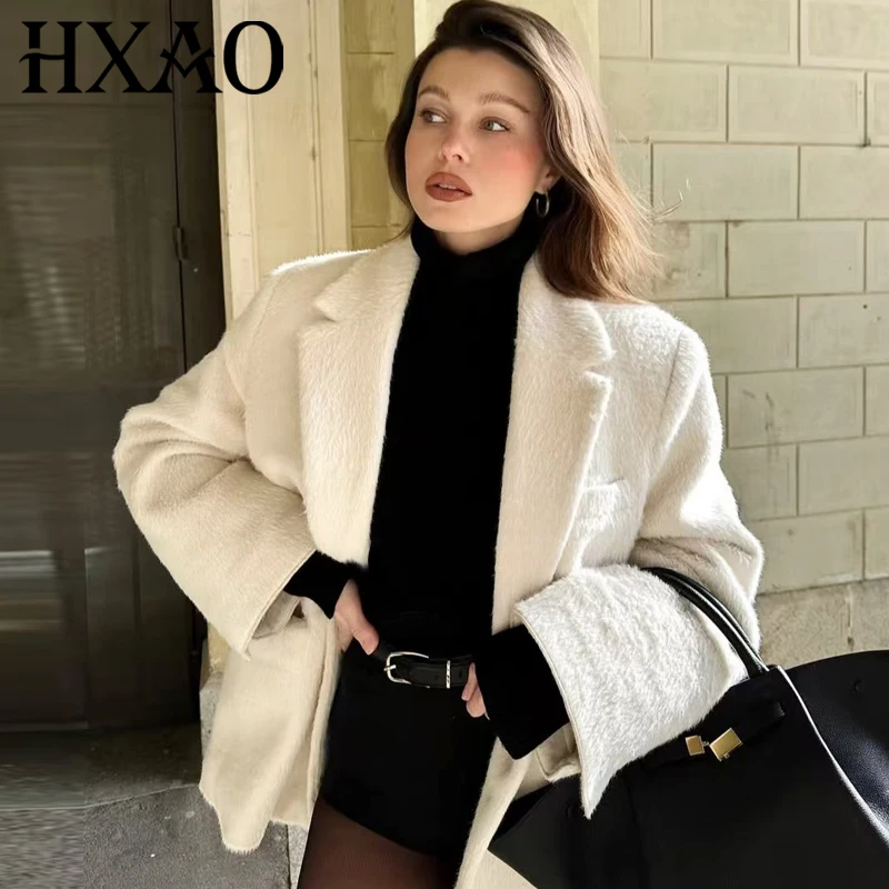 

HXAO Faux Fur Coats Women's Blazer 2025 White Hairy Outerwears Female Fitted Plush Long Sleeve Jackets Lady Chic Elegant Blazers