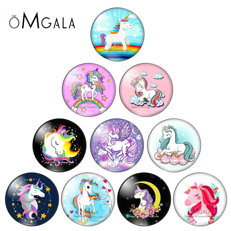 Fashion beauty cartoon magical Unicorn images 10mm/12mm/18mm/20mm/25mm Round photo glass cabochon demo flat back Making findings