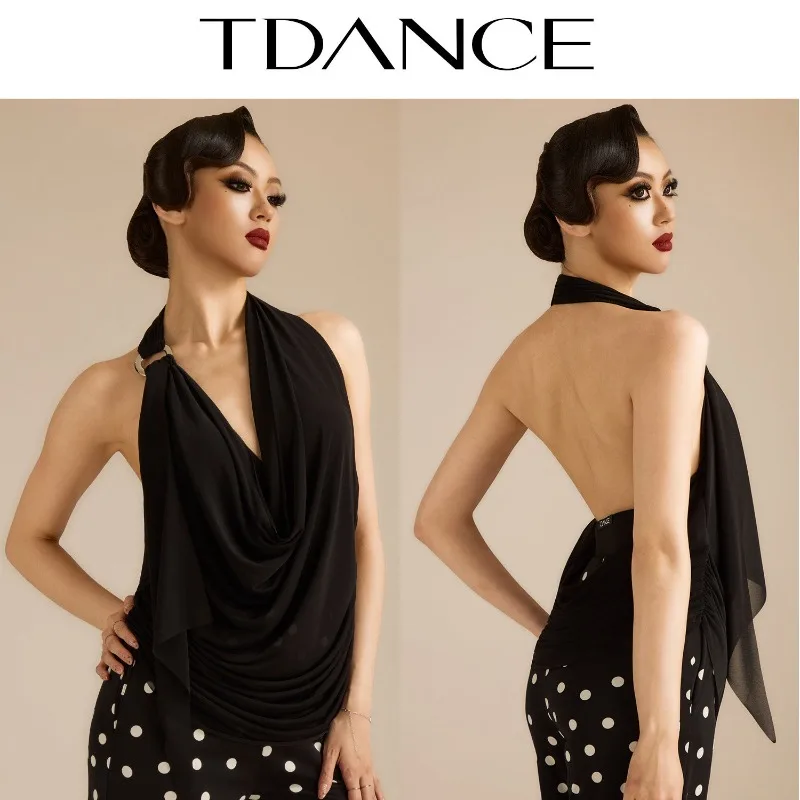 Customized TDANCE Latin Dance Top Female Practice [Hanging Neck Deep V-neck Swinging Collar Top] Daily Elegance High End GL-259