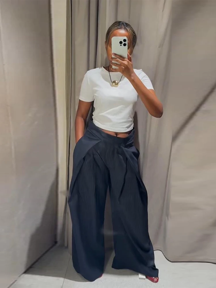 

Casual Striped Loose Pants Women High Waist Pleated Straight Long Wide Leg Trousers Female 2026 Spring Fashion Lady Bottoms