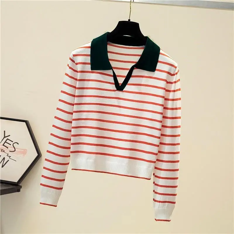 Women Clothing Chic Turn-down Collar Striped Knit Pullovers Autumn Elegant Casual Thin Long Sleeve T-shirt Office Lady Sweet Top