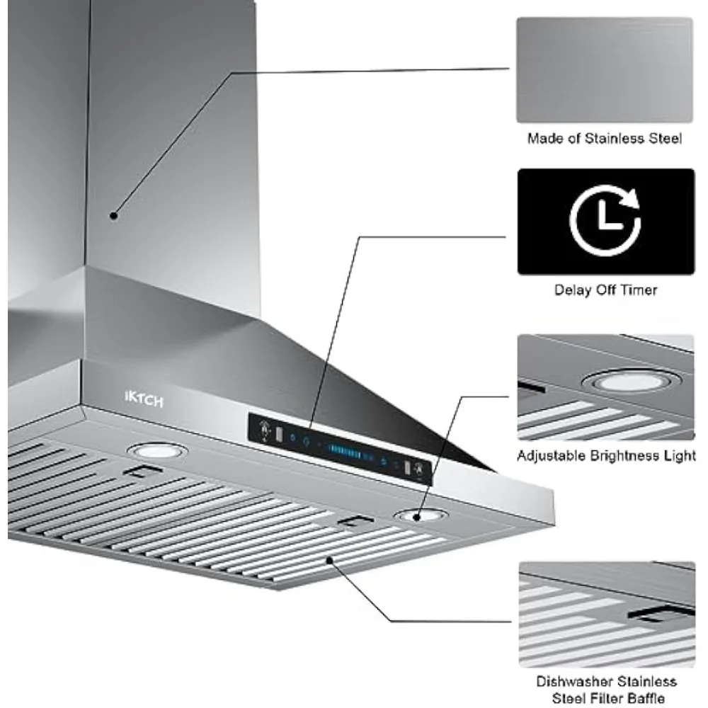 Wall Mount Range Hood 900 CFM Ducted, Kitchen Chimney Vent Stainless Steel with Gesture Sensing & Touch Control Switch Panel