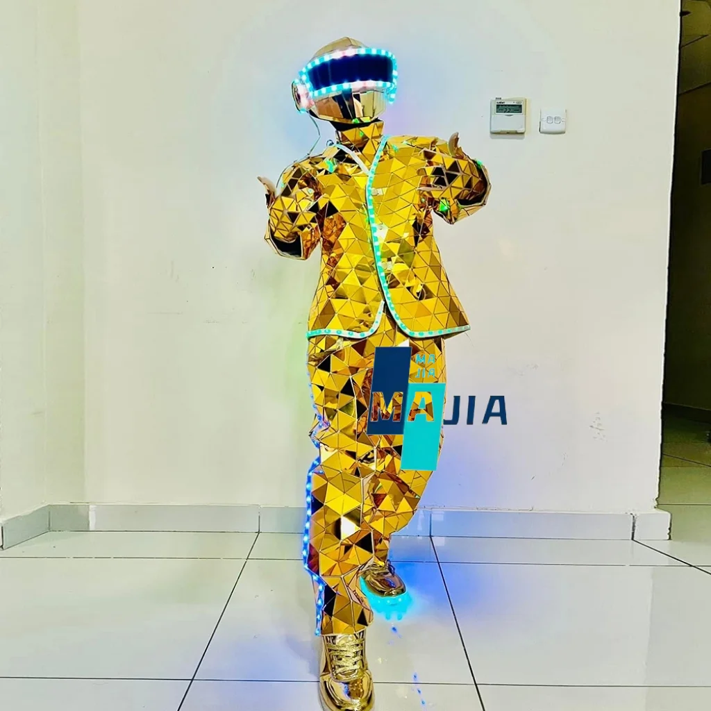 LED Light Up Suit USB Rechargeable Mirror Surface Costume with Mask for Men Handmade Color Changing Dance Wear  Stage DJ Party