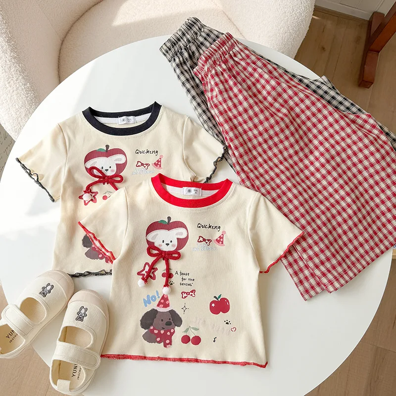 2-10T Toddler Kid Baby Girl Summer Clothes Set Short Sleeve Top Plaid Pant Suit Casual Cute Sweet Two Piece Set Outfit