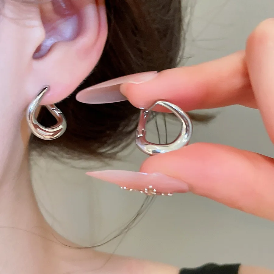 Chunky Irregular Teardrop Hoop Earrings Women Dainty Minimal Korean Fashion Simple Solid Snap Vacation Ear Accessory Gift