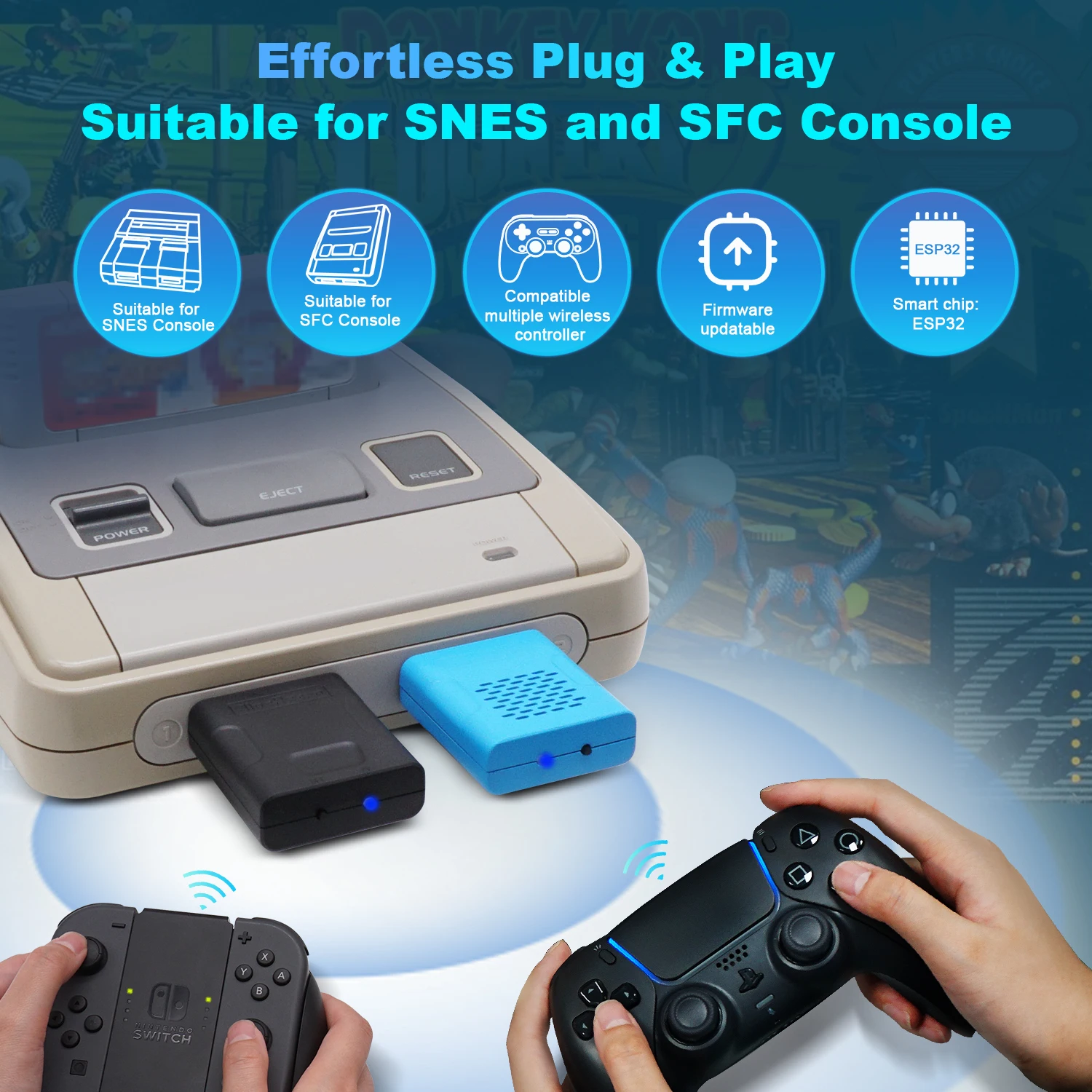 BlueRetro Bluetooth Controllers Adapter for SNES SFC Retro Game Console Support Switch, PS5, Xbox One,8Bitdo Wireless Controller