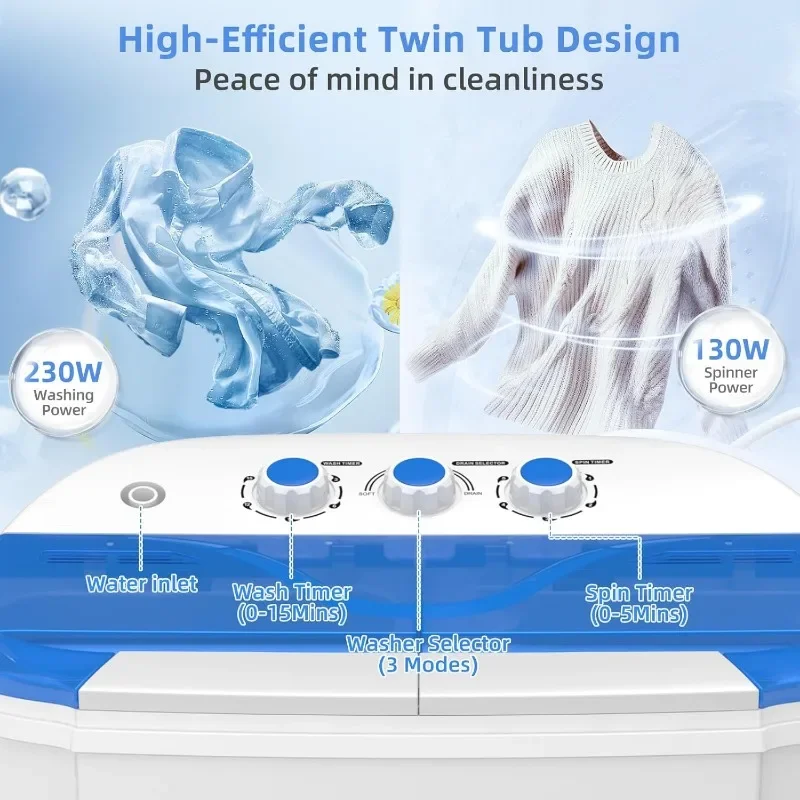 Portable Washing Machine, Twin Tub Washing Machine Laundry Compact Washer spinner Combo with 14lbs capacity