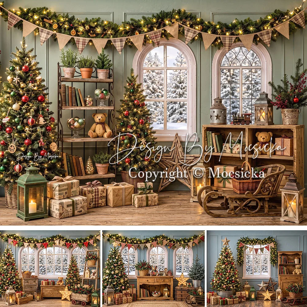 Mocsicka Backdrop Photography Christmas Living Room Garland Bookshelf Lantern Window Gift Background Holiday Home Studio Photo