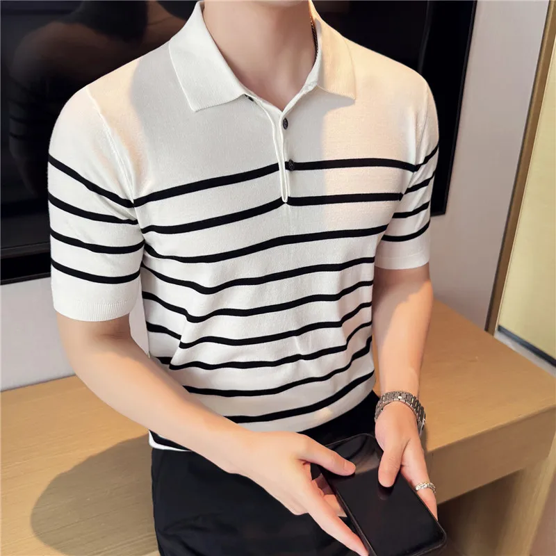 

Contrast Striped Ice Silk Knitted Polo Short-Sleeve T-Shirt Black and White Options Available Classic Striped Knit Sweater Male
