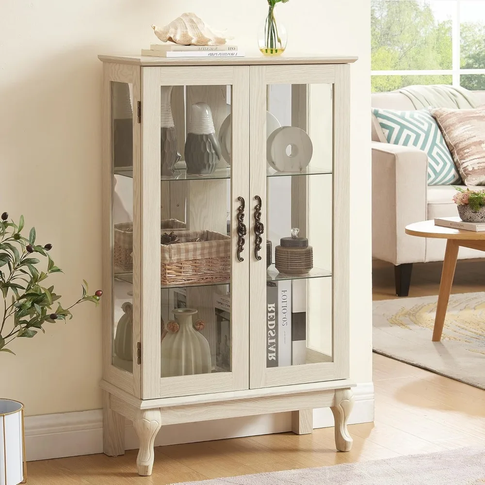 

Шкаф для сувениров с подсветкой, 3-уровневый стеклянный шкаф для хранения вещей, витрина для сувениров с 2 дверцами и регулируемыми полками, винное искусство