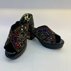 Women Crystal Rhinestone Fish Mouth Shoes Waterproof Platform Lady Rhinestone High Heels Square Toe Sandals 7cm F5-107-3