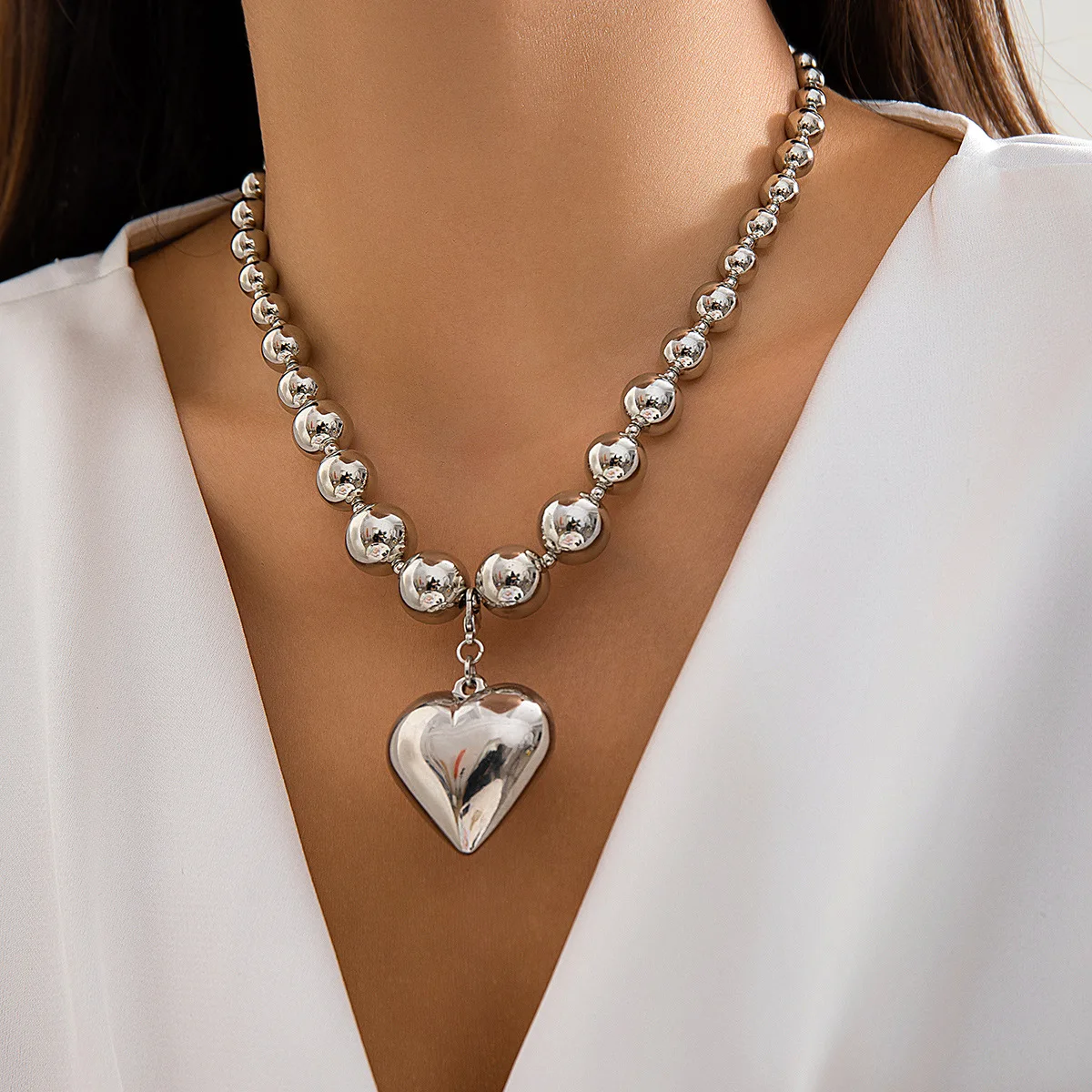 DIEZI Different French Style Big CCB Heart Pendant Necklace Women Party Gift Fashion Pearl Beads Choker Necklace Y2K Jewelry
