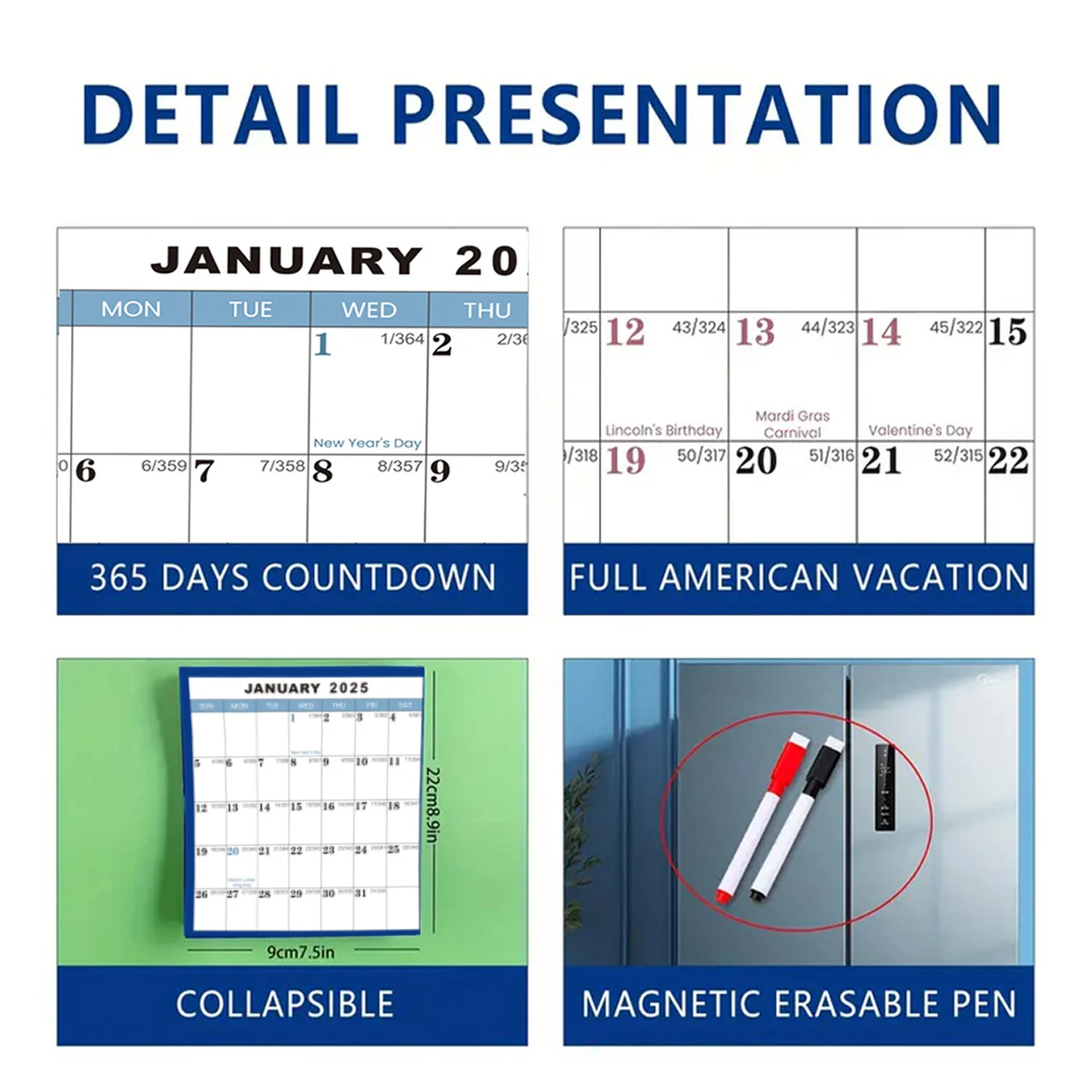 تقويم حائط قابل للمسح لعام 2025، أعمدة شفافة قابلة لإعادة الكتابة، تقويم كبير للجدول اليومي والتنظيم