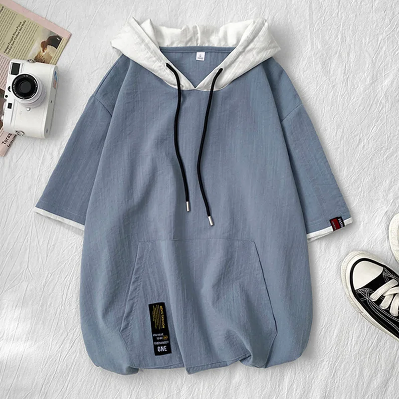 Hooded T Shirt Woman Fashion Spring Summer Hip Hop Hoodies Short Sleeve Tshirt Men Patchwork Hooded Sweatshirt Y2k