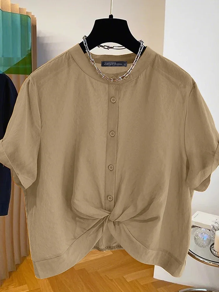 

ZANZEA Women Fashion Twisted Shirts Short Sleeve Blouse 2025 Summer Casual Solid Color Tunic Tops Buttons Elegant Blusas Femme