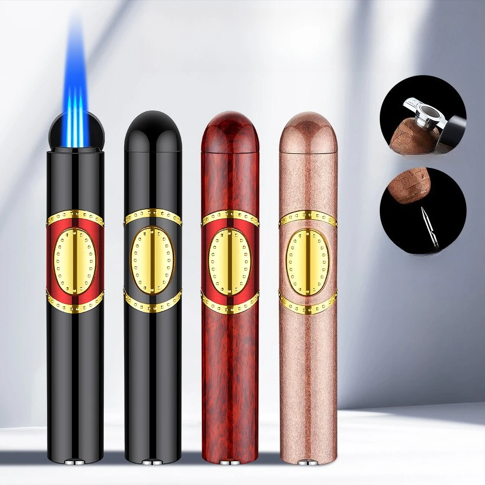 3-in-1 Cigar Torch Lighter,Refillable Butane Jet Flame Lighter with Cigar Punch&Draw Enhancer,Windproof Cigar Lighter