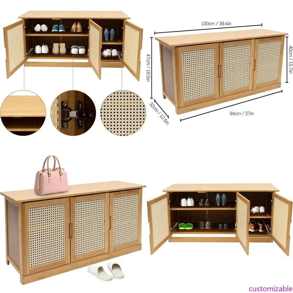 

Adjustable Shelf Entryway Shoe Storage Bench with Rattan Door Panels, 100 x 32 x 47 cm
