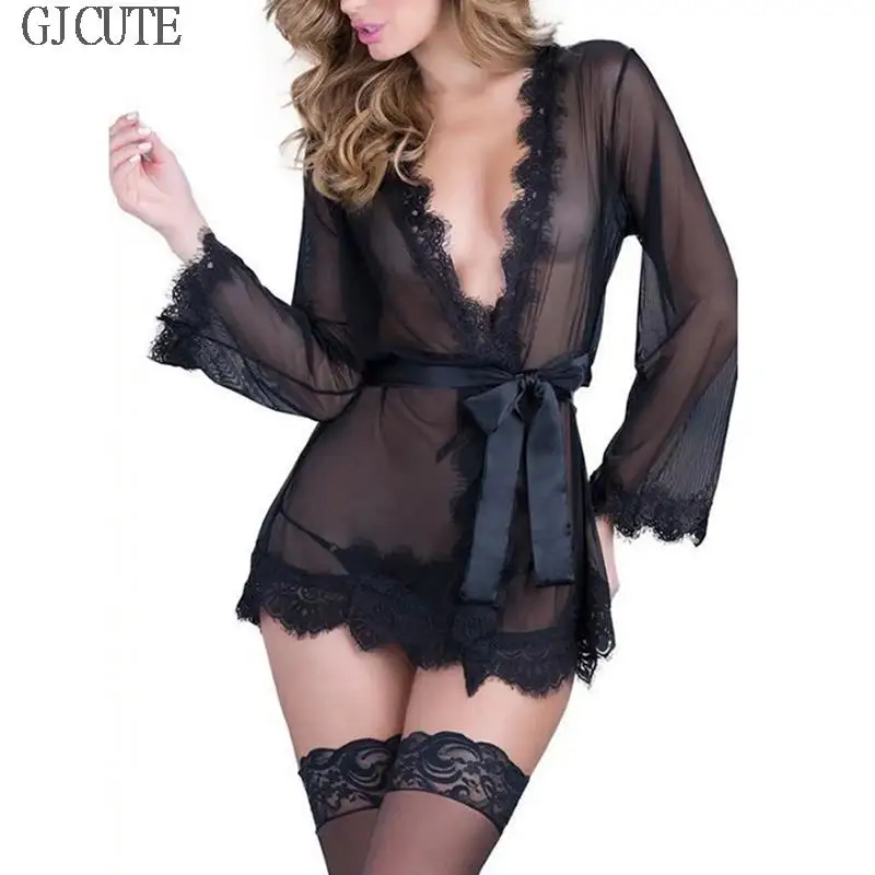 Sexy Lingerie Women Sleepwear Lace Dress Nightwear Sexy Sissy 2PCS Mini Robe Babydoll+G-String Thong Underwear Night Gown