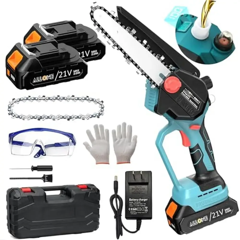 

6" Cordless Mini Chainsaw with Oiling System Digital Display Electric Brushless Pruning Tool Kit 2.0Ah Batteries Goggles Gloves