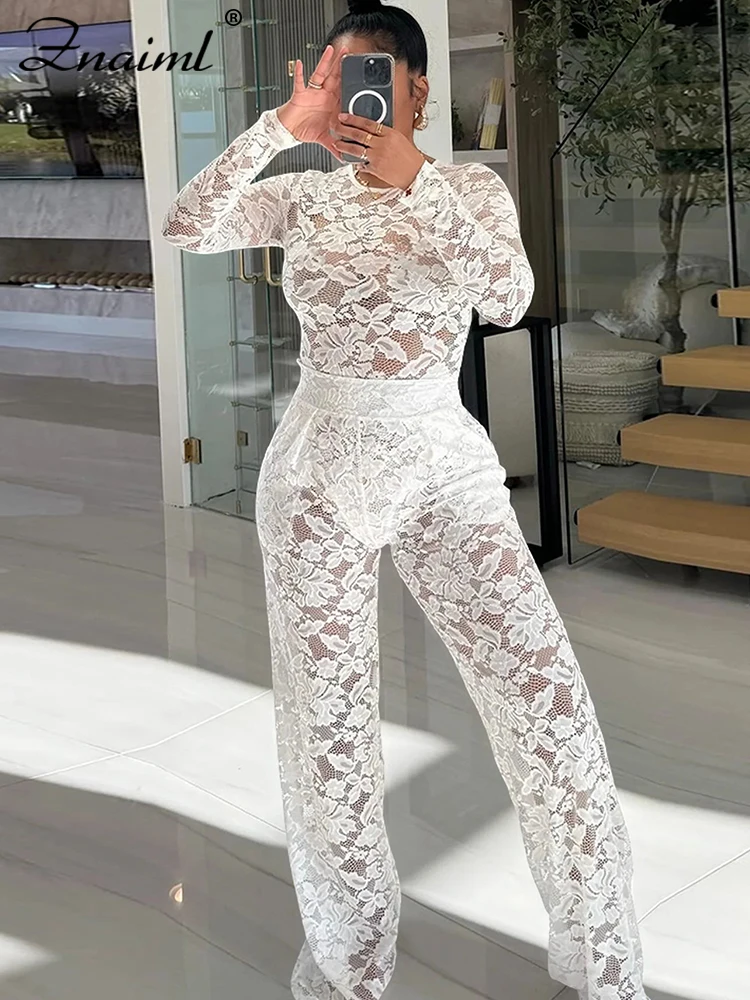 Znaiml Sexy Lace See through Two 2 Pieces Outfit Women Black Long Sleeve Bodysuits Top and Straight Pants Suit Birthday Clubwear