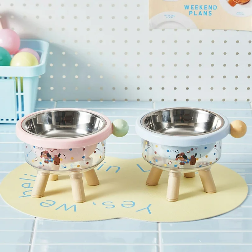 Cute pet stainless steel high-legged cat food bowl, dachshund pattern design, detachable, easy to clean, dual-use pet bowl