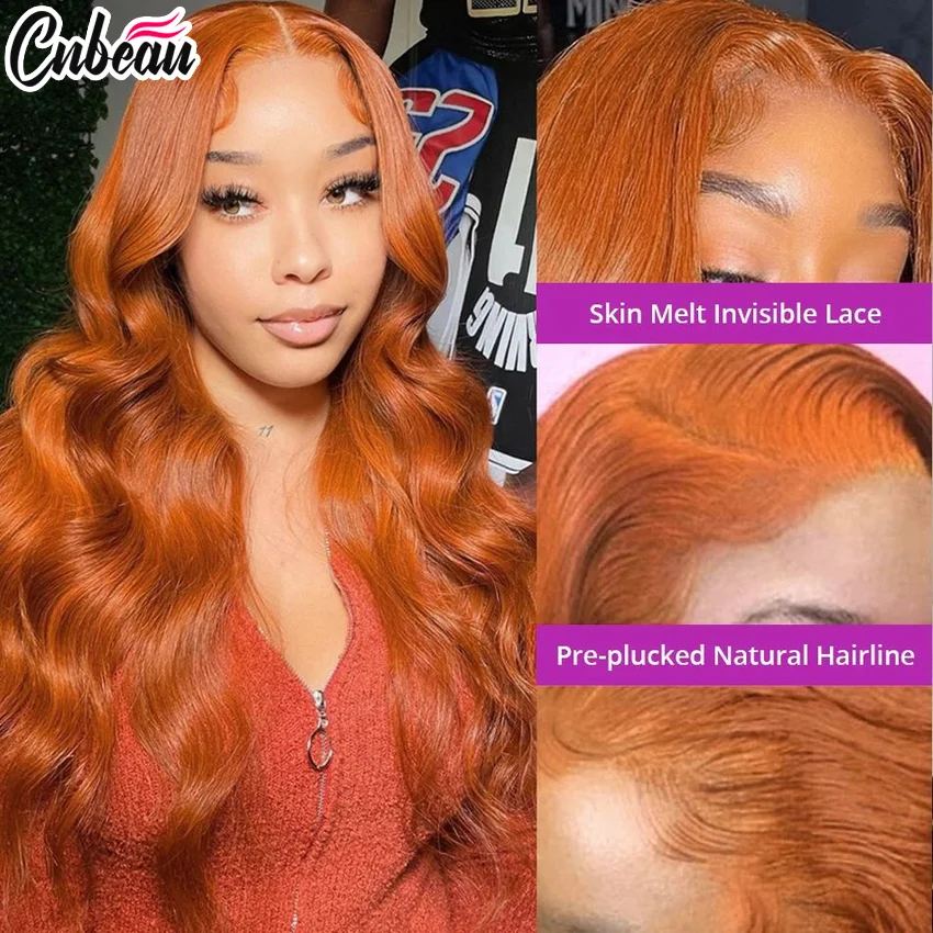 Perruque Lace Closure Wig Body Wave Naturelle Orange, 4x4, 13x4 HD, Transparent, pour Femme