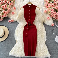 Women Chic Sleeveless Single Breasted Sexy Slim Bodycon Dress Fashion Knit Tight Vestido Elegant Slim Dresss