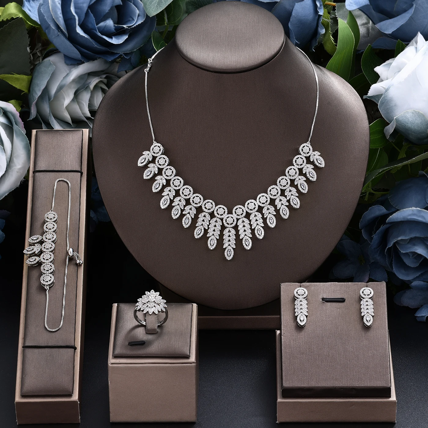 

Brazilian 4 Piece Luxury Bridal Jewelry Set Elegant Fashion Women CZ Ring Bracelet Necklace and Earrings Set Saudi Arabia