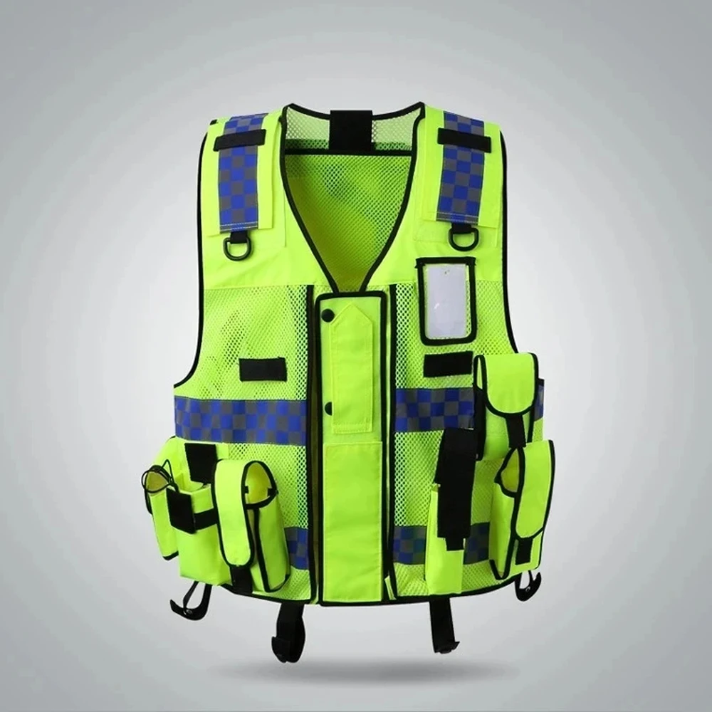 Hi Vis Workwear Police Mesh Work Vest Multi-Pocket Construction Worker Working High Visibility Safety Clothing