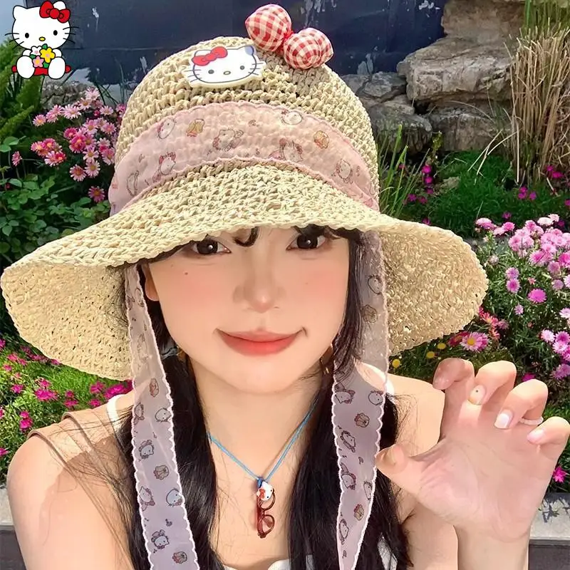 

Sanrios Hello Kittys Sunshade Hat Straw Weaving Big Brimmed Hat Seaside Vacation Big Head Circumference Fashion Festival Gift