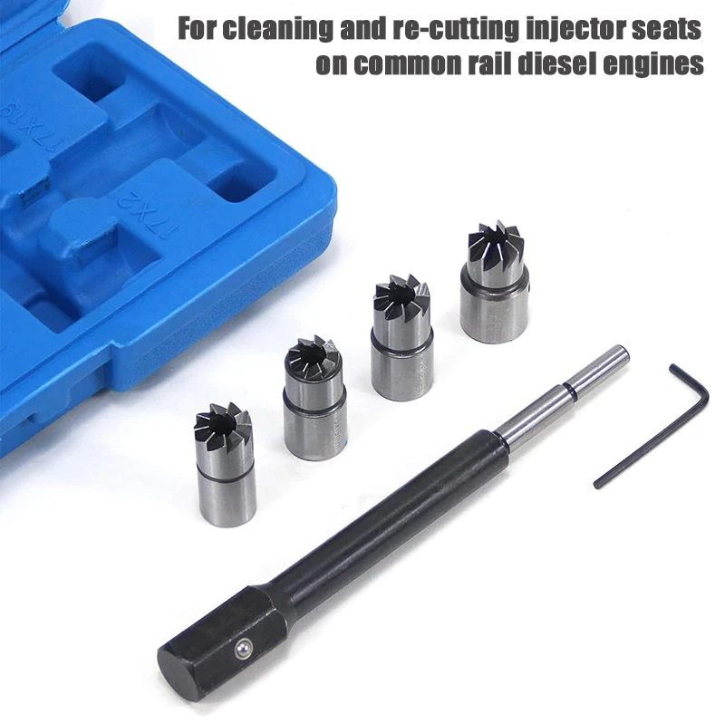 5PCS Diesel Injector Seat Cutter Tool Kit Carbon Cutting Cleaner Tool Set with Flat Angled Reamer Hex Key for Mercedes-Benz