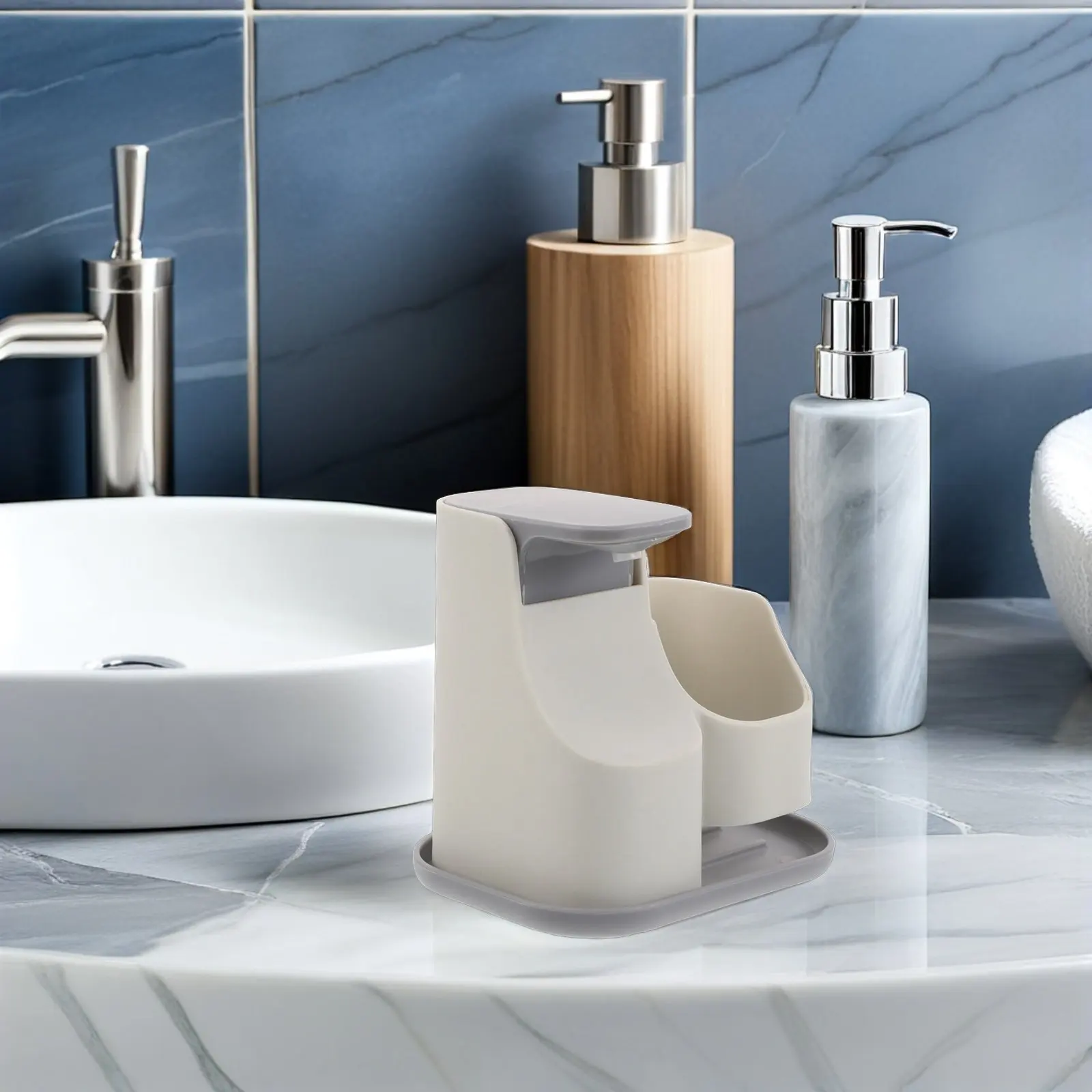 

One Hand Soap Pump Dispenser with Built in Sponge Tray 2-in-1 Dish Soap and Sponge Holder Compact Sink Organizer for Modern