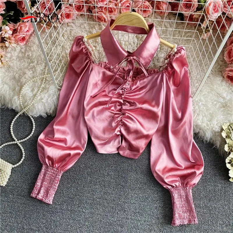 Spring Woman Detachable Collar Strapless Ruffle Bead Chain Lantern Sleeve Back Elastic Silk Split Fork Short Blouse Women Tops