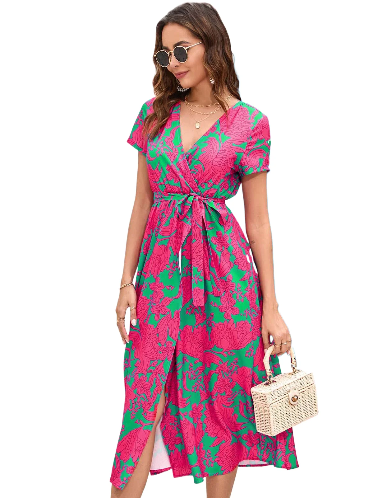 

Casual V Neck Short Sleeve Dress Office Lady Spring Summer Fashion Elegant Flower Floral Print Lace Up Dresses For Women 2023