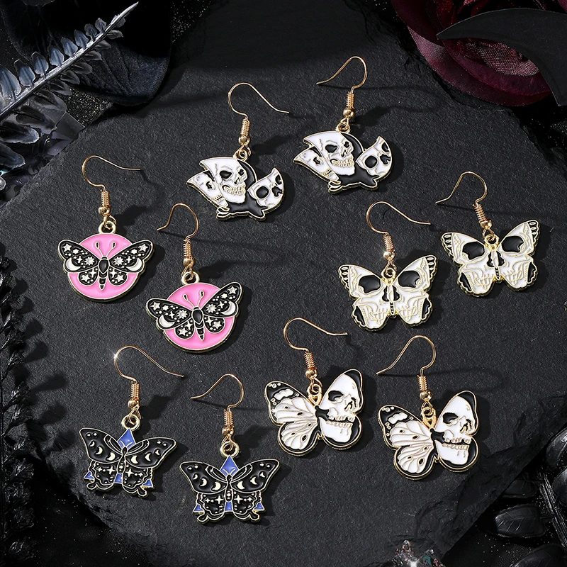 Gothic Punk Knife Butterfly Skull Drop Earrings For Women Girl Lucky Star Moon Moth Animals Earrings Halloween Jewelry