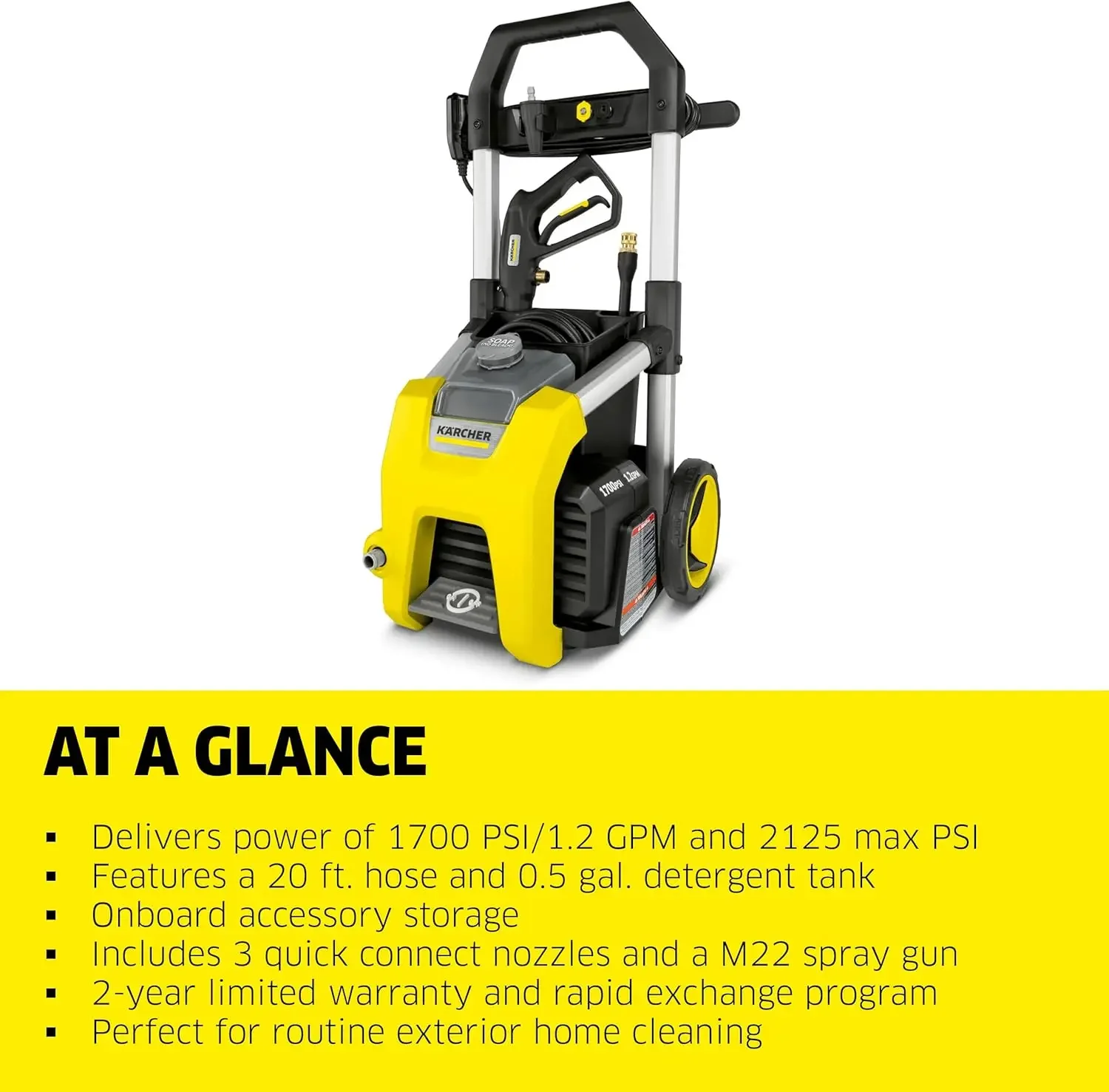 K1700 Max 2125 PSI Electric Pressure Washer with 3 Spray Nozzles - Great for Cleaning Cars, Siding, Driveways, Fencing an