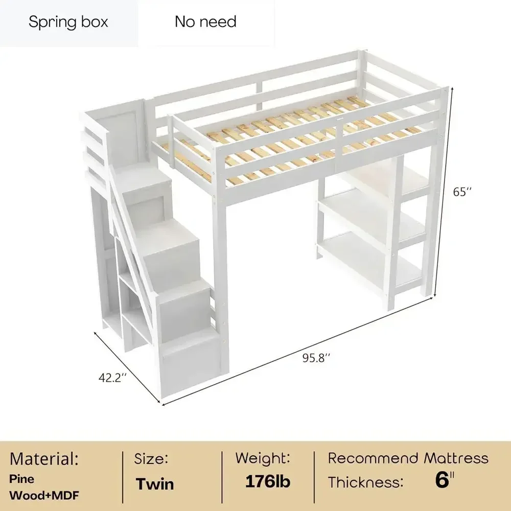 Stylish Twin Bed with Stairs, LED Lights, Storage Shelves, Wardrobe, and Guardrails for Kids