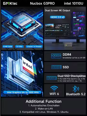GMKtec G3 Pro Core i3-10110U MINI PC DDR4 NVMe SSD WIFI6 BT5.2 Desktop Windows 11 Pro Office Gaming Computer