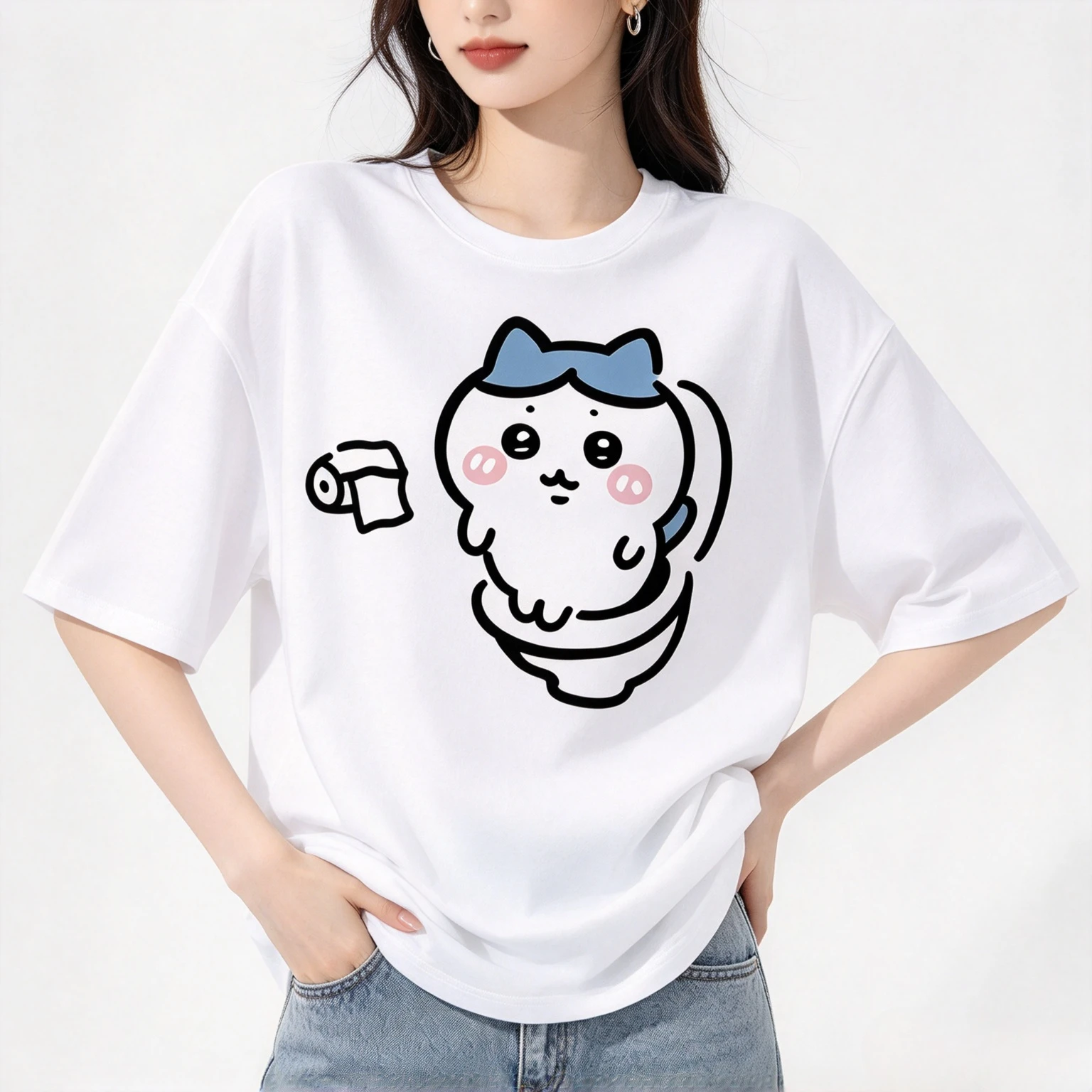 Cartoon Kawaii Modal Couple T-shirt Simple  Cute Cat Toilet Print Short Sleeve Tee Unisex Casual Matching Tops For Men Women
