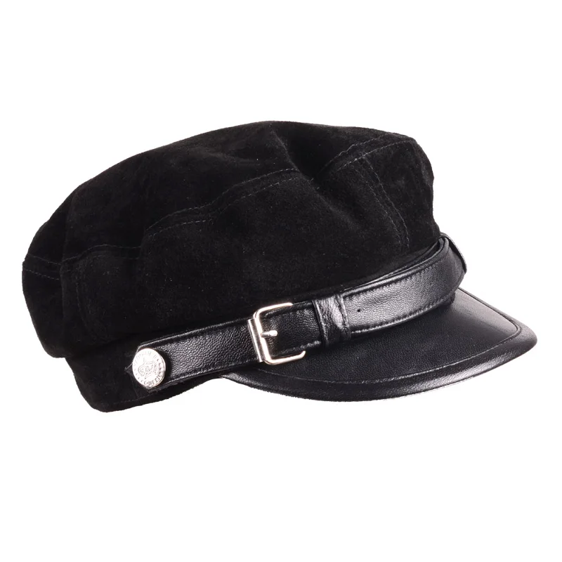 Leather Hats For Men Women 2022 Winter Vintage Thin Black Suede Motorcycle Berets Cap With Belt Male Korean Student Cadet Hat 61