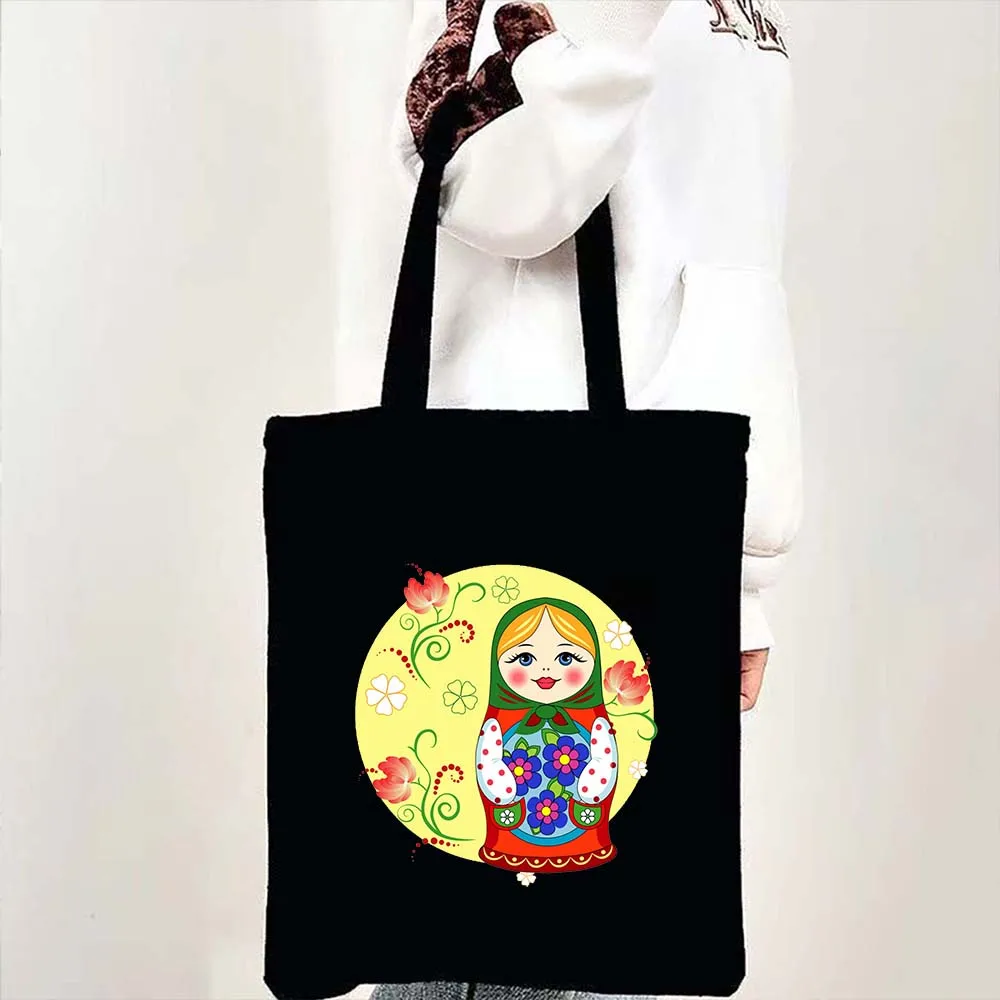 Cute Matryoshka Russia Tourist Nesting Doll Russian Flag Map Moscow Girl Women Shoulder Canvas Tote Bag Shopping Shopper Handbag