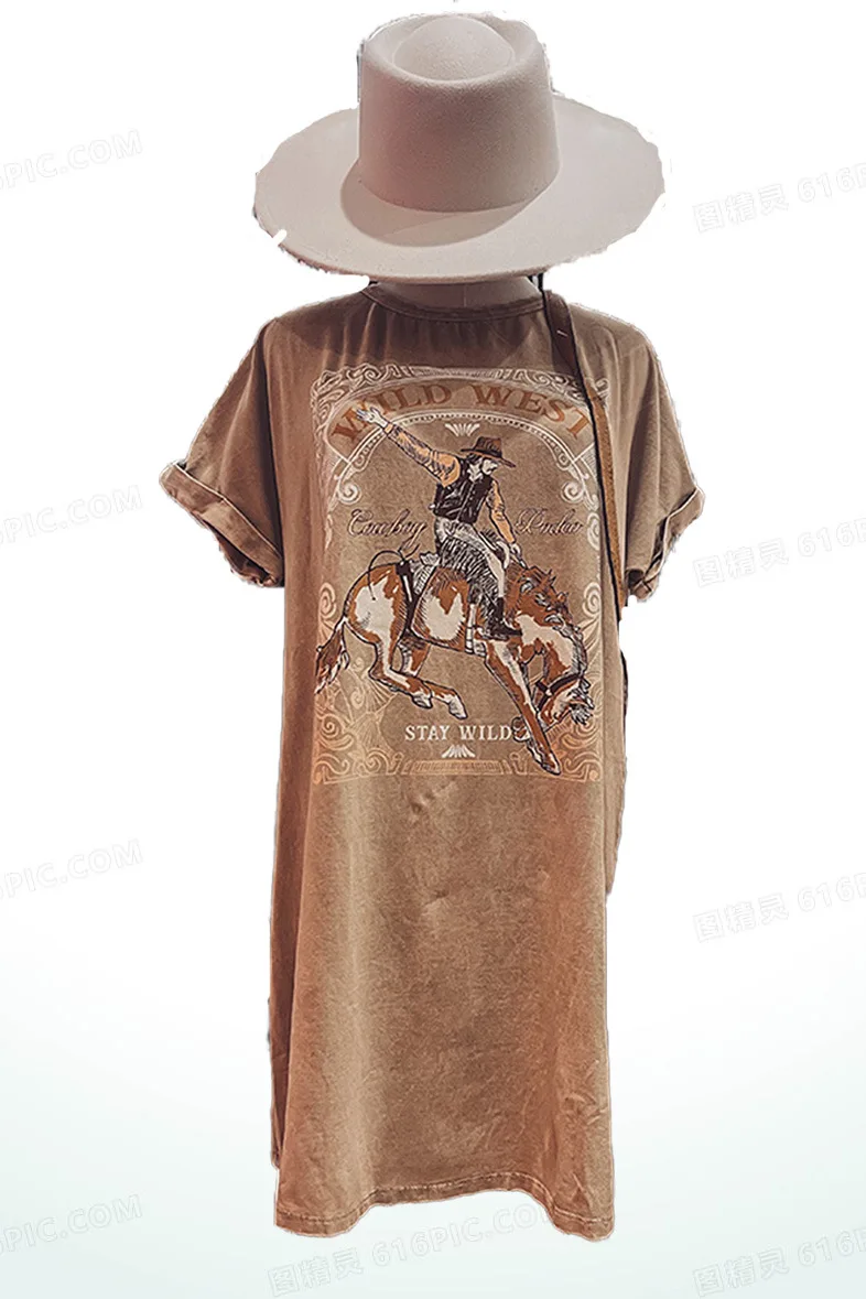 Cowgirl Fashion Round Neck Women T-shirt 2025 New Short Sleeve Streetwear Retro Summer Dress Distressed Print Cotton Dresses