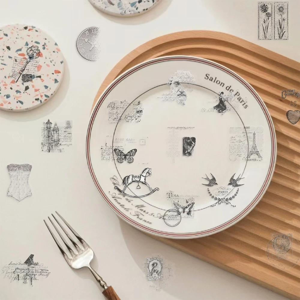 สติกเกอร์วินเทจ PET ใส สีดำ สีขาว ลายการ์ตูน 58/116 ชิ้น สำหรับตกแต่งแล็ปท็อป ตู้เย็น โทรศัพท์ สมุดภาพ