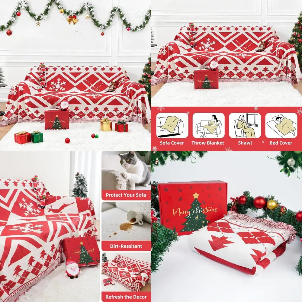 

Christmas Sofa Cover with Gift Box, Tree & Snowflake Pattern for 2-Cushion Couch, Festive Holiday Couch Blanket, Xmas Home Decor
