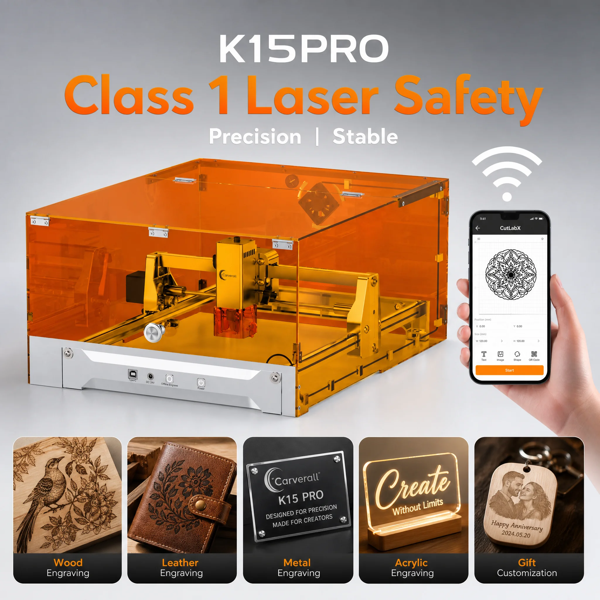 Carverall K15PRO Desktop Lasergravierer Klasse 1 mit Gehäuse, A4 200x300mm, 0,01mm Präzision, 15000mm/min, Holz Acryl Leder Papier Sperrholz Beschichtetes Metall, CutLabX LightBurn LaserGRBL, WiFi USB