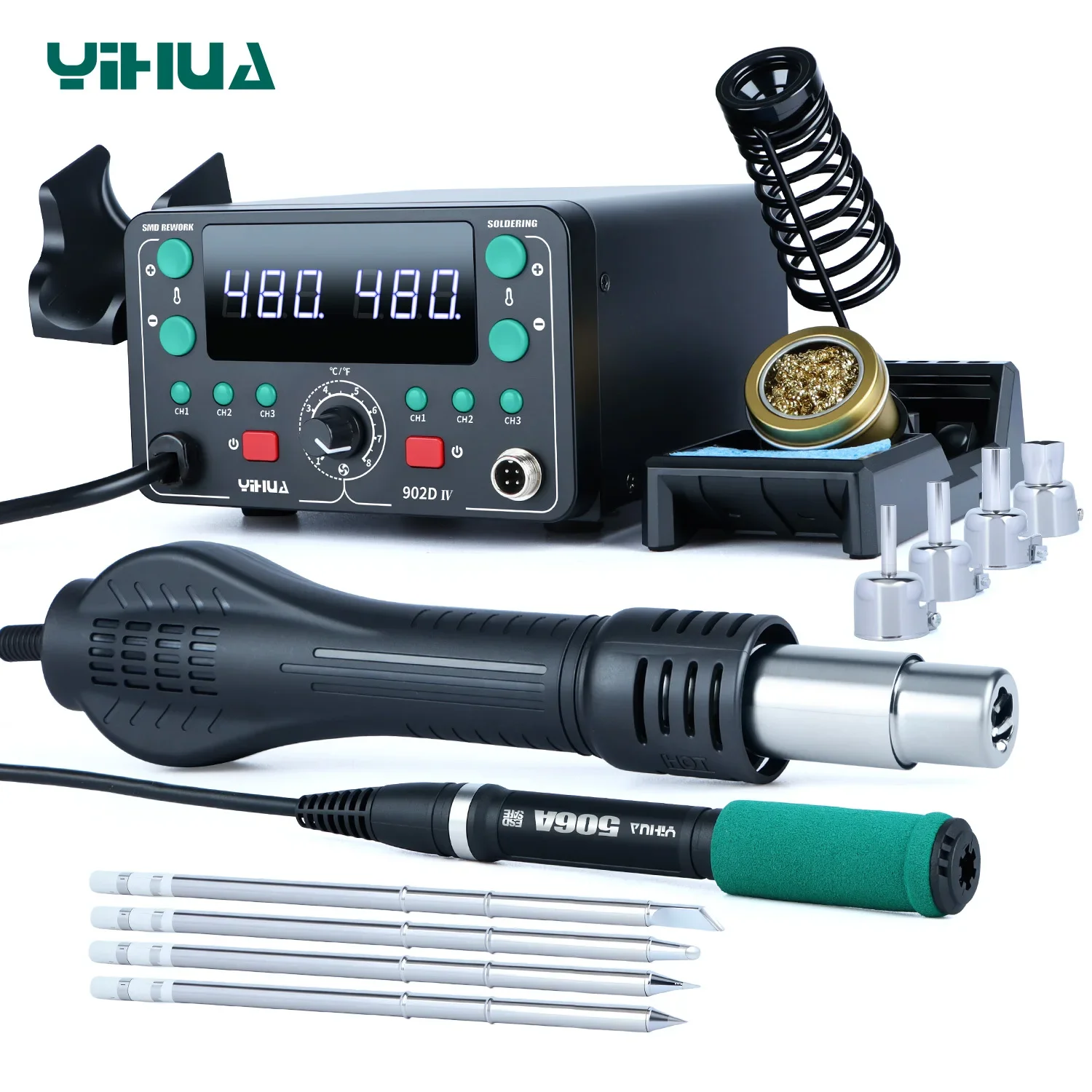 YIHUA 902D-IV 775W SMD Repair Fast Heating LCD Large Display 2 in 1 Hot Air T12 Hot Air Heat g un Mobile Phone Repair Tools