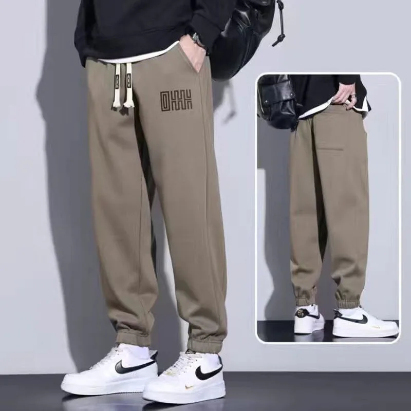 2023 Autumn Men\'s Solid Color Printed Elastic Waist Guard Pants for Men\'s Winter Thickened and Versatile Foot Tie Guard Pants